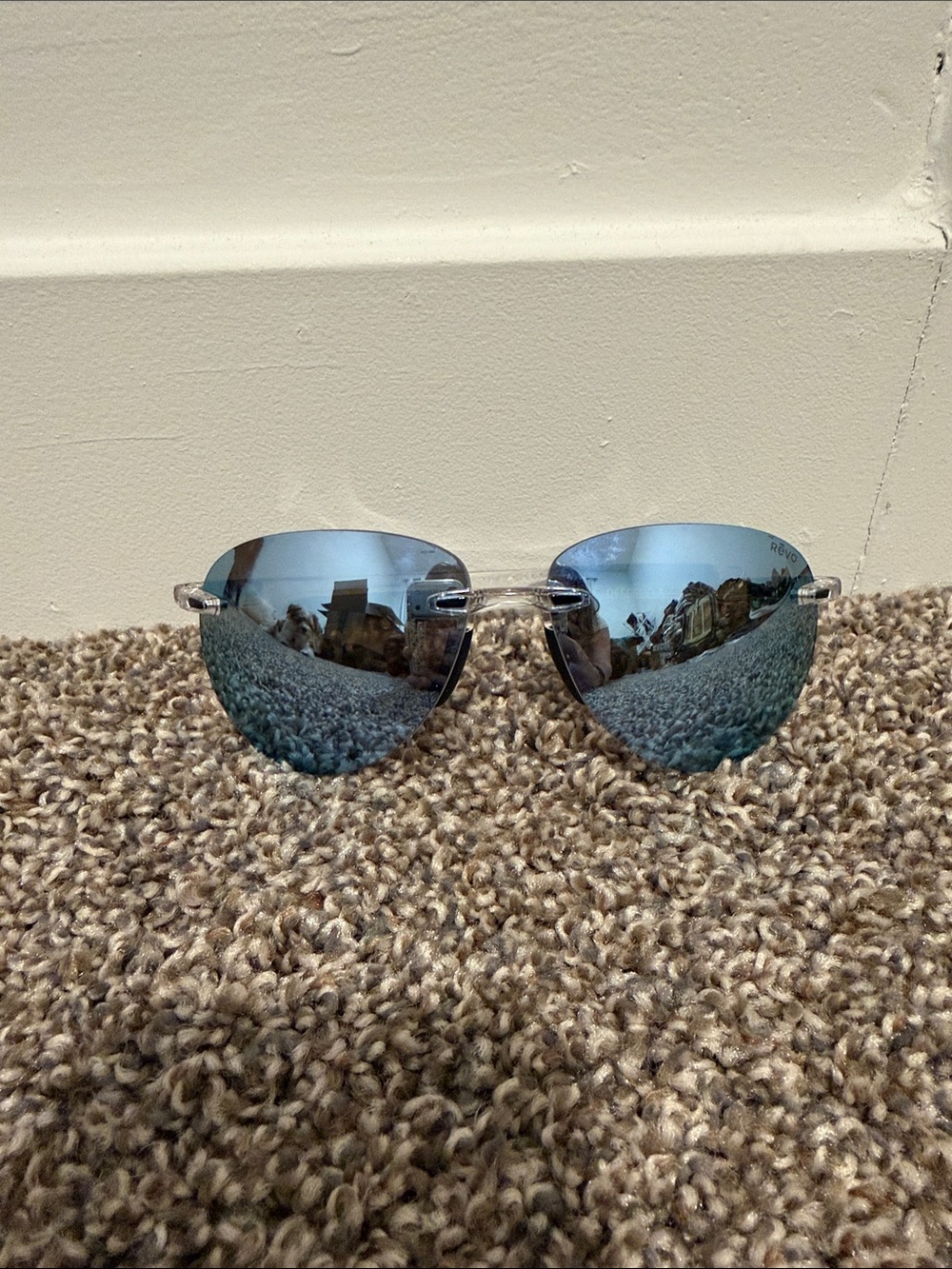 Revo Blue Mirrored Rimless Polarized Sunglasses Shield Style